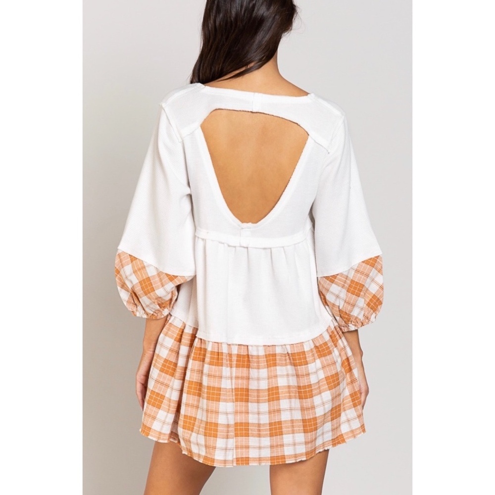POL White & Rust Scoop Neck 3/4 Sleeve Plaid & Rib Knit Flowy Tunic Top - Picture 3 of 5